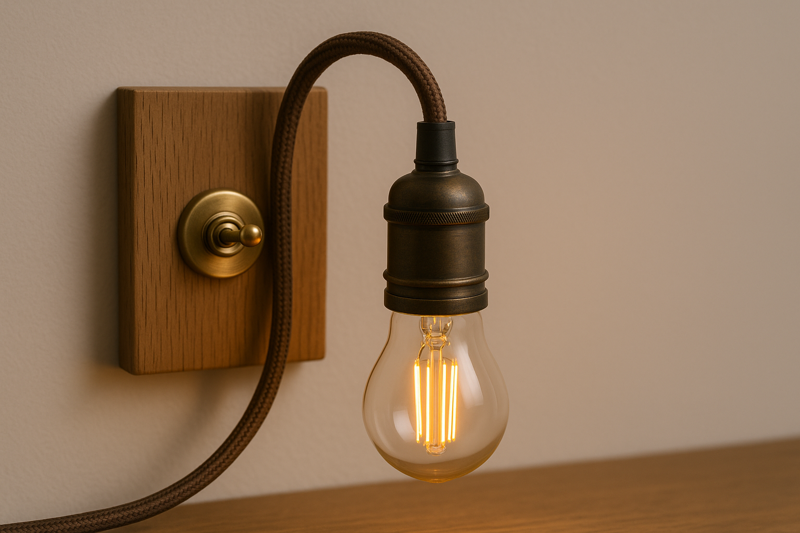 Close-up image of a brass toggle switch on a wooden panel, connected to a colored braided fabric cord that ends in a vintage socket and an LED Edison bulb.