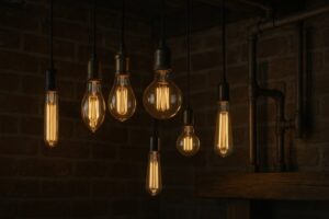 LED Edison bulbs installed in industrial-chic interior with exposed brick, pipes, and rustic wood