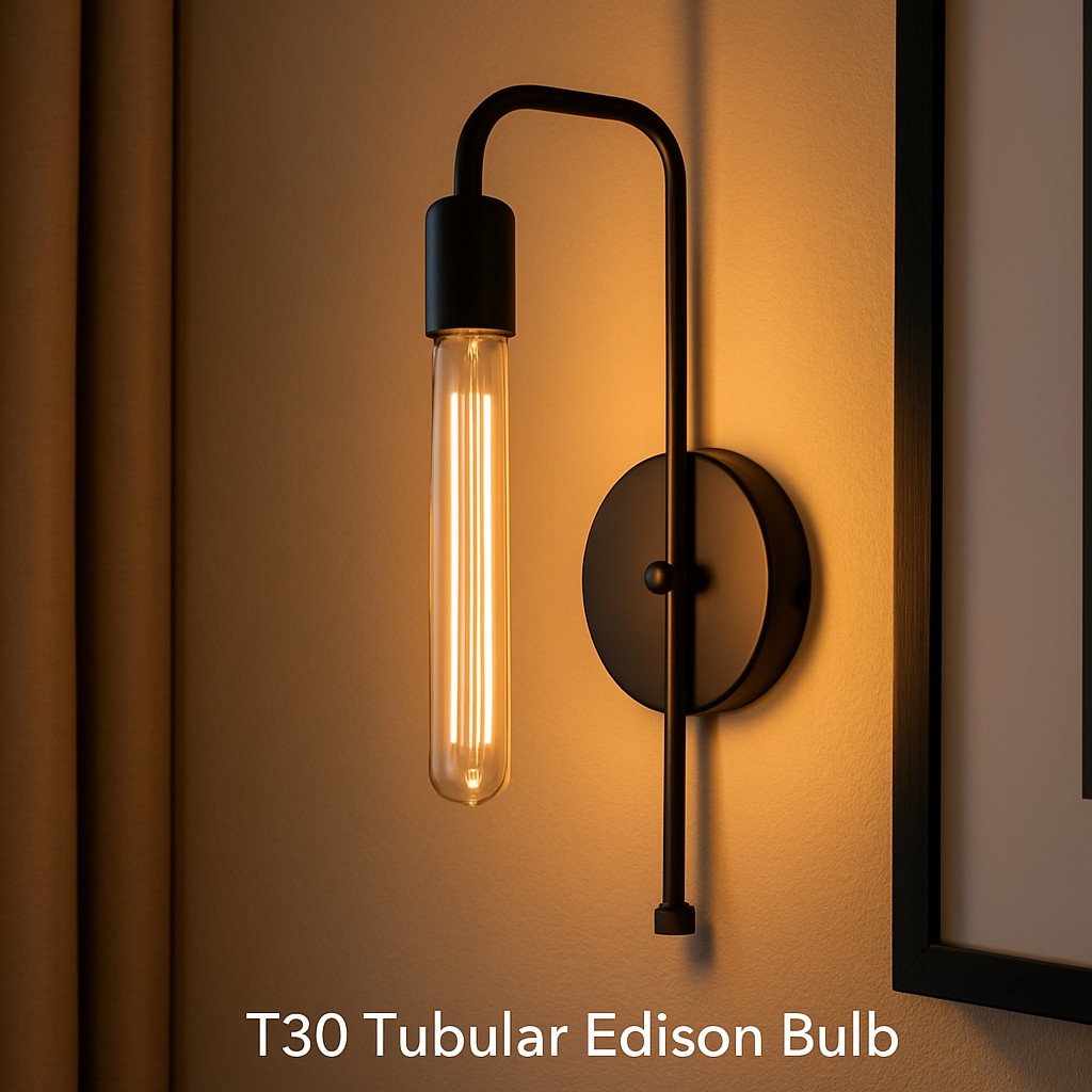 Sleek T30 Tubular Edison bulbs in a modern wall sconce