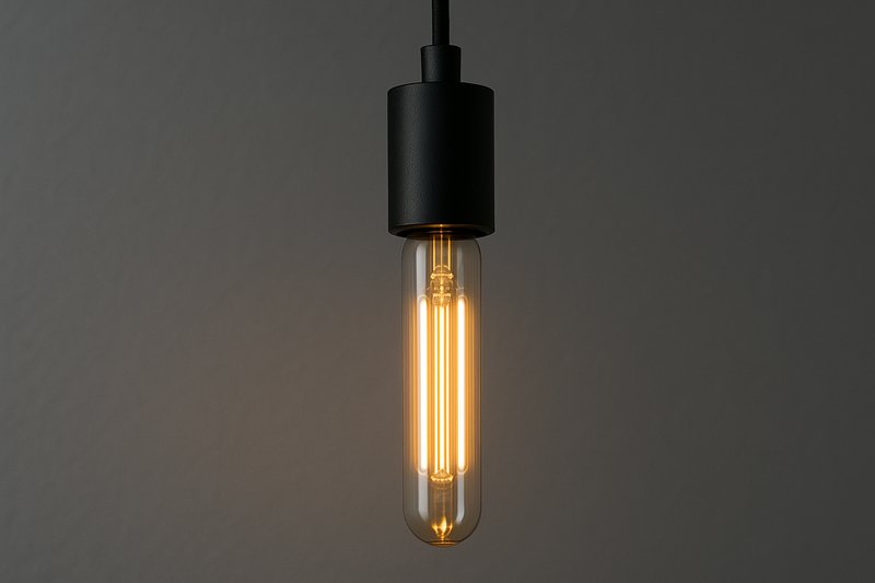Close-up shot of a tubular-shaped LED Edison bulb hanging from a simple black metal cord fixture, against a modern grey wall backdrop.