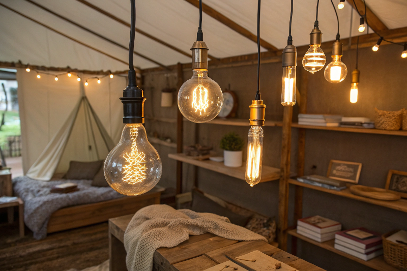 Various Edison LED bulbs with different brightness levels in a room setting