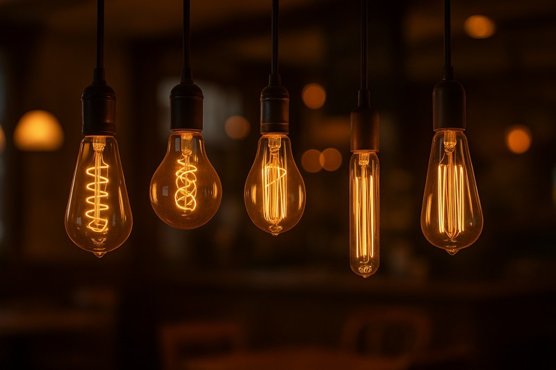 Assorted vintage bulb shapes in warm glow