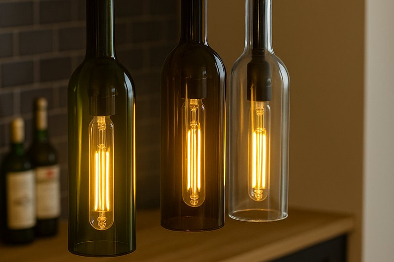 Image of three DIY wine bottle pendant lights made from green, amber, and clear wine bottles, with slender Omita T30 LED Edison bulbs glowing inside, hanging elegantly over a home bar area.