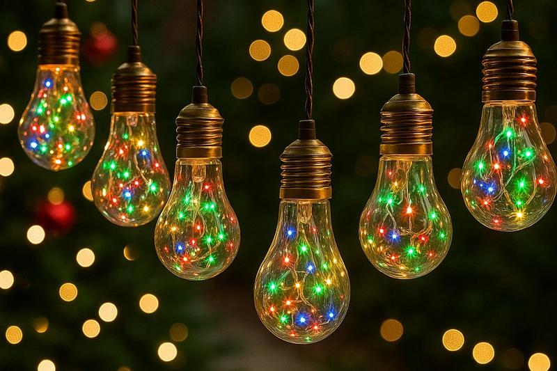 String of LED Edison-style bulbs filled with colorful micro-LEDs, hanging outdoors with festive bokeh lights and Christmas ornaments in the background