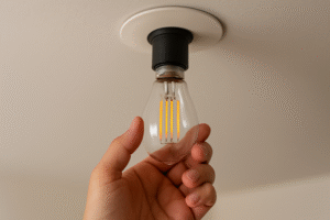 Hand screwing in a new LED Edison bulb into a fixture