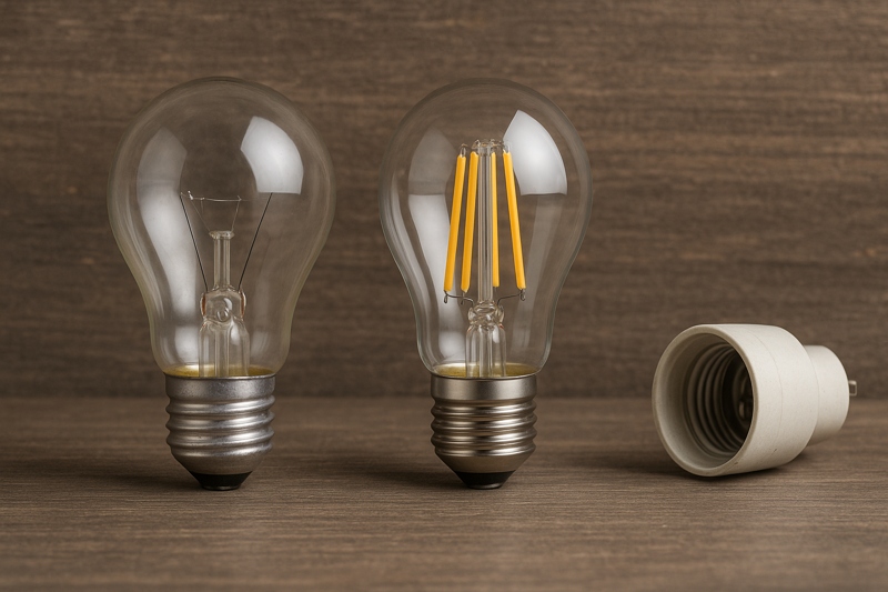 A side-by-side comparison of an old incandescent bulb and a new LED Edison bulb next to a standard E27 socket.