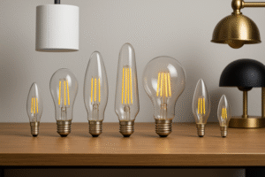 A diverse collection of LED Edison bulbs of different shapes and sizes next to various light fixtures