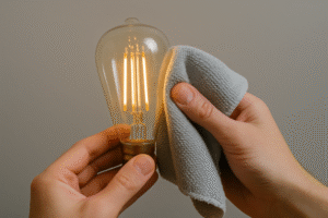 A hand gently wiping a clear glass LED Edison bulb with a clean microfiber cloth, making it sparkle