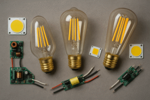 An artfully arranged photo of high-quality LED Edison bulbs alongside some of their internal components like chips and drivers
