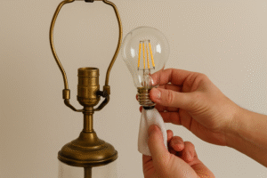 A classic vintage lamp being retrofitted with a new, energy-efficient LED Edison bulb