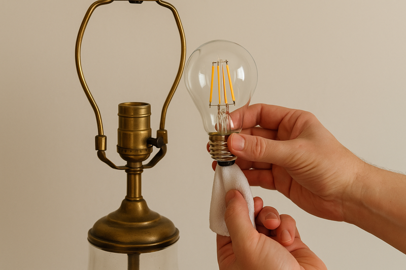 A classic vintage lamp being retrofitted with a new, energy-efficient LED Edison bulb.