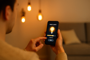 A person controlling lights with a smartphone app
