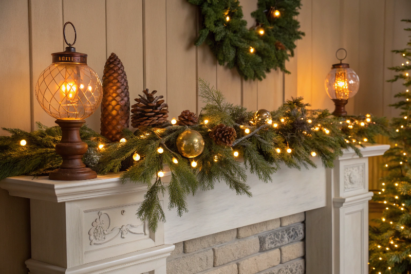 A beautifully decorated festive mantelpiece featuring a pine garland intertwined with small LED Edison bulb string lights, and a few standalone amber globe bulbs on pedestals among the decor.