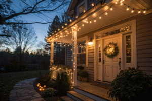 An image of a house exterior at dusk, with LED Edison bulb string lights elegantly outlining the porch and illuminating a festive wreath on the door