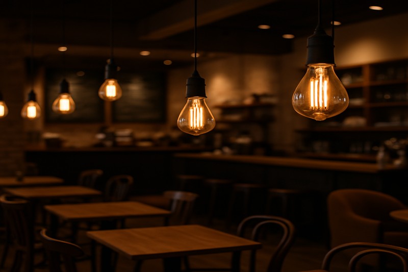 A well-lit coffee shop interior featuring various LED Edison bulbs, highlighting a cozy and inviting atmosphere