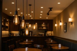 An image showcasing a coffee shop with well-layered lighting, using LED Edison bulbs in pendants over tables, and other lights for general illumination