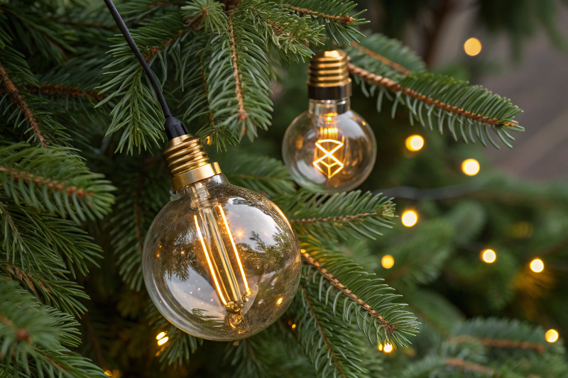 Close-up of Christmas tree branches adorned with amber Deco LED globe bulbs and a clear spherical LED bulb, highlighting their filament designs among the pine needles.