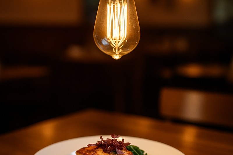 A delicious dish on a restaurant table, perfectly illuminated by an overhead LED Edison bulb, highlighting its colors and textures.