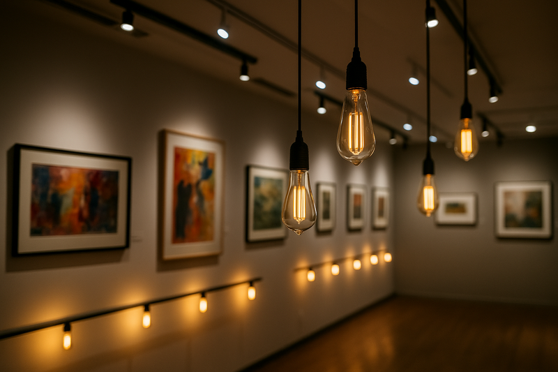 Well-lit gallery space showing layered lighting with LED Edison bulbs
