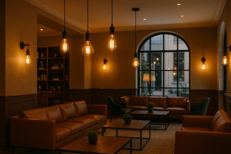 A stylish hotel lobby featuring LED Edison bulbs in various fixtures, creating a warm, inviting, and modern-yet-vintage ambiance.
