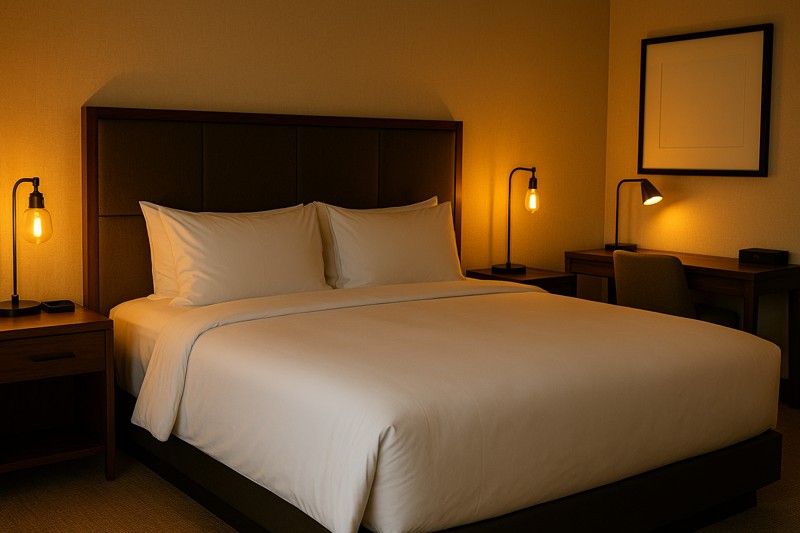 A well-appointed hotel guest room with LED Edison bulbs in bedside lamps and a stylish desk lamp, creating a cozy and inviting atmosphere.