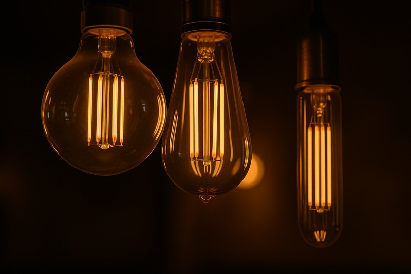 A close-up shot of different styles of LED Edison bulbs (e.g., ST64, G95, T30) glowing warmly