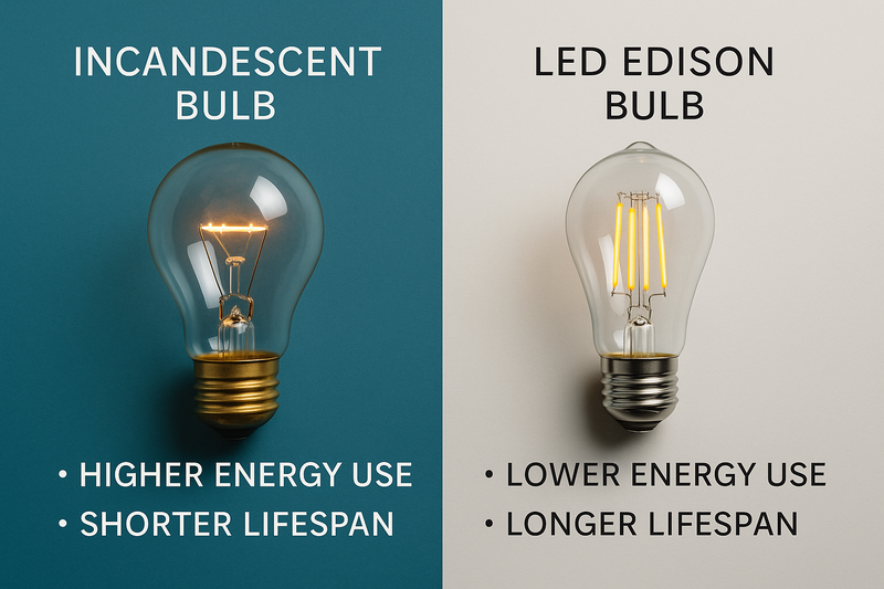 An infographic or split image showing an old incandescent bulb next to a sleek LED Edison bulb, with comparison points like energy use and lifespan.