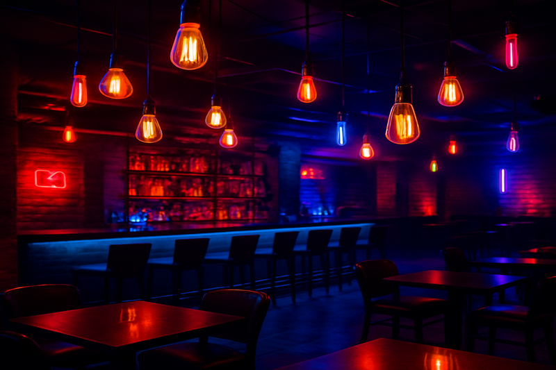 A vibrant nightclub scene or a moody bar interior, dramatically lit with various LED Edison bulbs, highlighting the atmosphere and design.