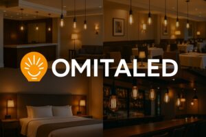 Omitaled logo with a montage of beautifully lit hotel spaces (lobby, room, restaurant) using their LED Edison bulbs