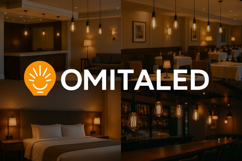 Omitaled logo with a montage of beautifully lit hotel spaces (lobby, room, restaurant) using their LED Edison bulbs.