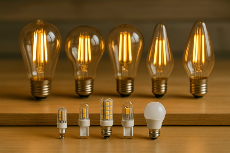 An image of Omitaled's diverse range of LED Edison filament bulbs, G4, and G9 lamps displayed neatly