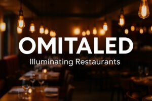 Omitaled logo with a backdrop of beautifully lit restaurant interiors