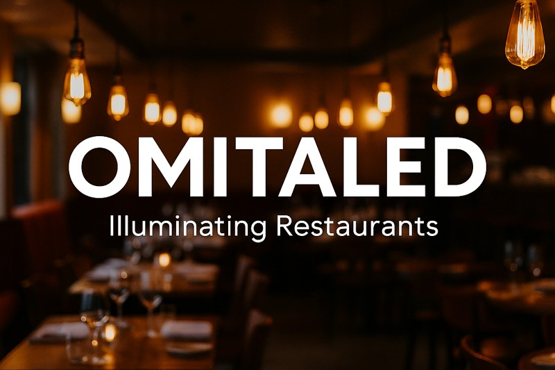 Omitaled logo with a backdrop of beautifully lit restaurant interiors.