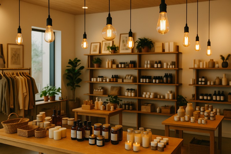 An inviting retail space illuminated with various LED Edison bulbs, showcasing products effectively.