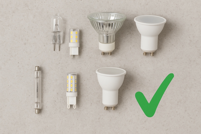 A collection of specialty bulbs like G9, GU10, and R7s in both old halogen and new LED versions.