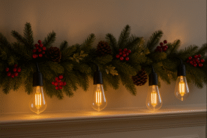 A beautiful Christmas garland on a mantlepiece intertwined with glowing ST64 Edison bulbs