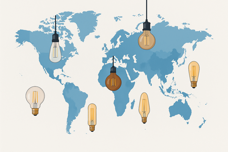 A world map with different styles of Edison bulbs pinpointed on various continents