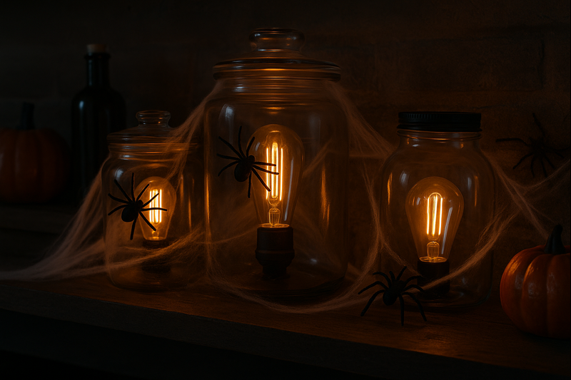 A dimly lit shelf with "mad scientist" jars containing glowing Edison bulbs and fake spiders