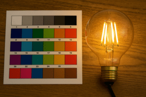 A color chart illuminated by a high CRI LED Edison bulb