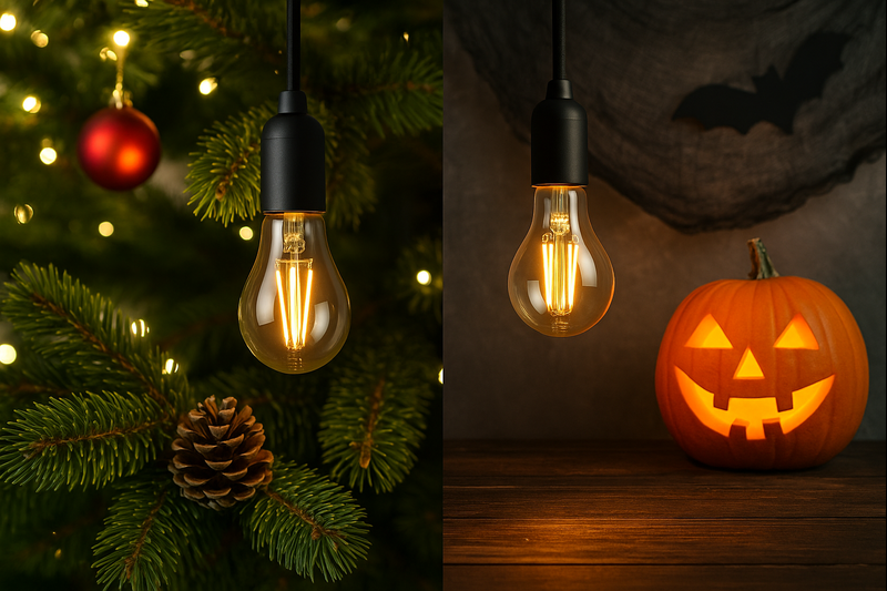 A festive scene showing Edison bulbs used in both Christmas and Halloween settings