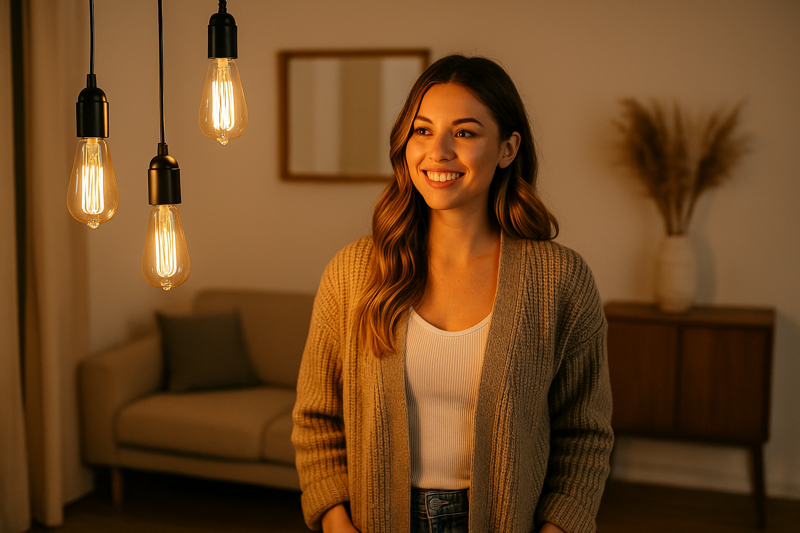 An influencer's home interior featuring exposed filament bulbs