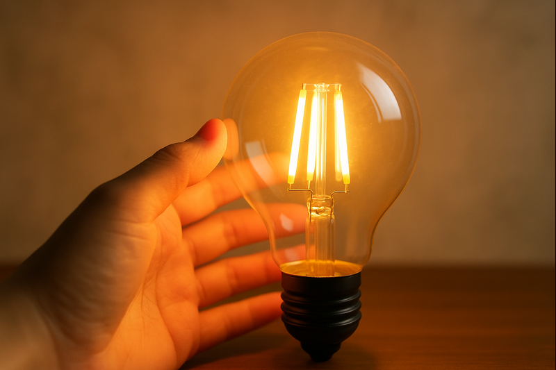 A hand comfortably touching a glowing LED Edison bulb, demonstrating its low heat