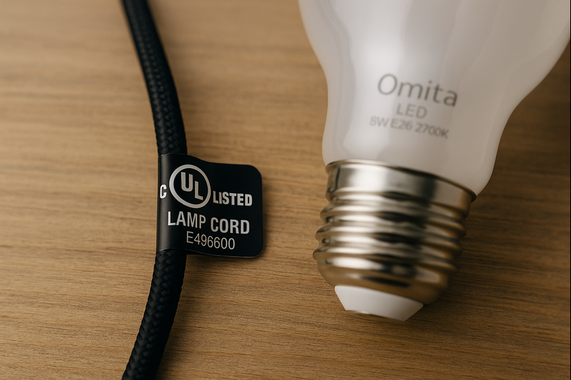 A close-up on a UL certified lamp cord and the base of an Omita LED bulb