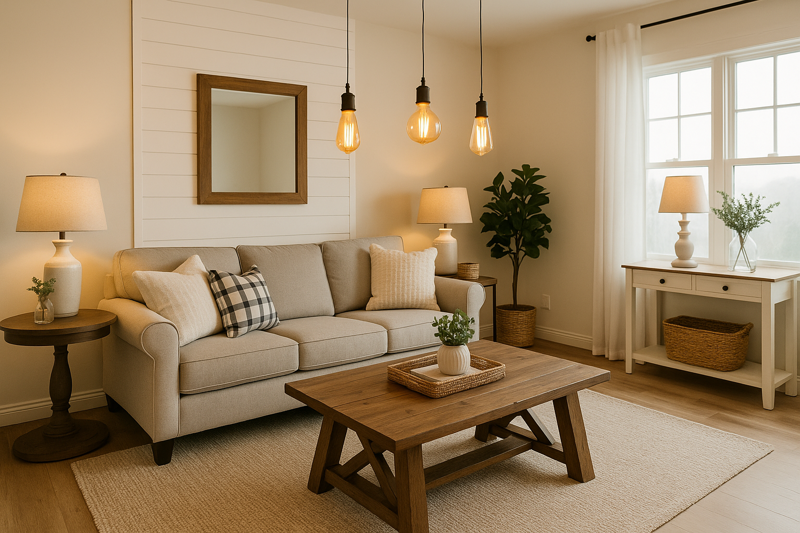A cozy living room with a prominent Modern Farmhouse aesthetic featuring amber ST64 bulbs