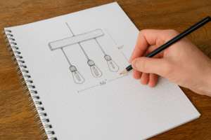 A person sketching a chandelier design on paper with measurements