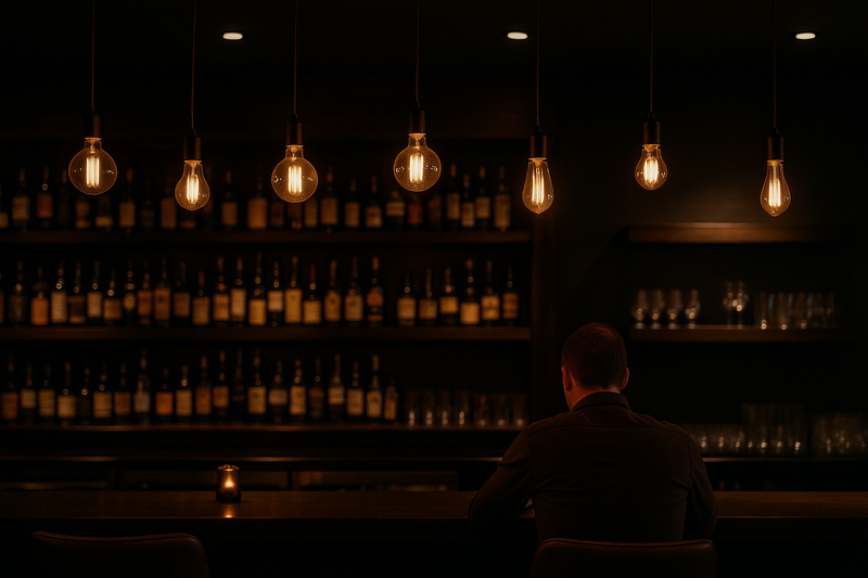 A bar area where G95 Edison Globe bulbs are hung high above the sightline, dimmed to a soft glow, providing ambiance without causing glare for seated patrons.