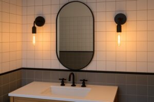 A stunning retro-modern bathroom vanity with two matte black sconces, each housing a glowing T45 LED Edison tube bulb, perfectly illuminating the mirror