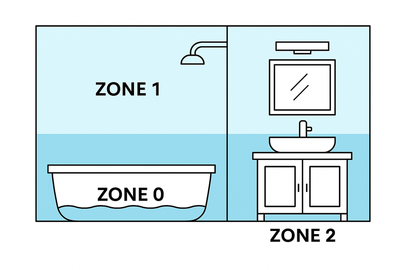 A simple diagram of a bathroom showing Zone 0 (in tub), Zone 1 (above shower), and Zone 2 (vanity/general area) clearly marked.