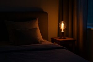 A beautifully serene bedroom at dusk, with a warm, glowing Edison bulb in a bedside lamp casting a gentle light