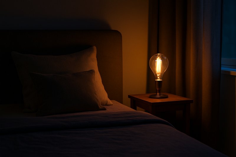 A beautifully serene bedroom at dusk, with a warm, glowing Edison bulb in a bedside lamp casting a gentle light.